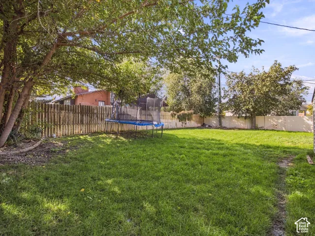 Expansive backyard featuring a manicured lawn, established trees, and a combination wood and vinyl privacy fence