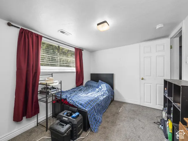 Carpeted flooring with a window featuring horizontal blinds, recessed lighting, and a paneled interior door