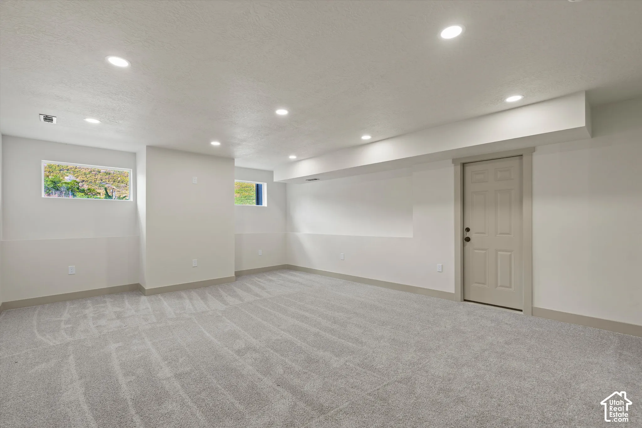 Expansive room featuring recessed lighting, light-toned carpeting, two windows, and a paneled door