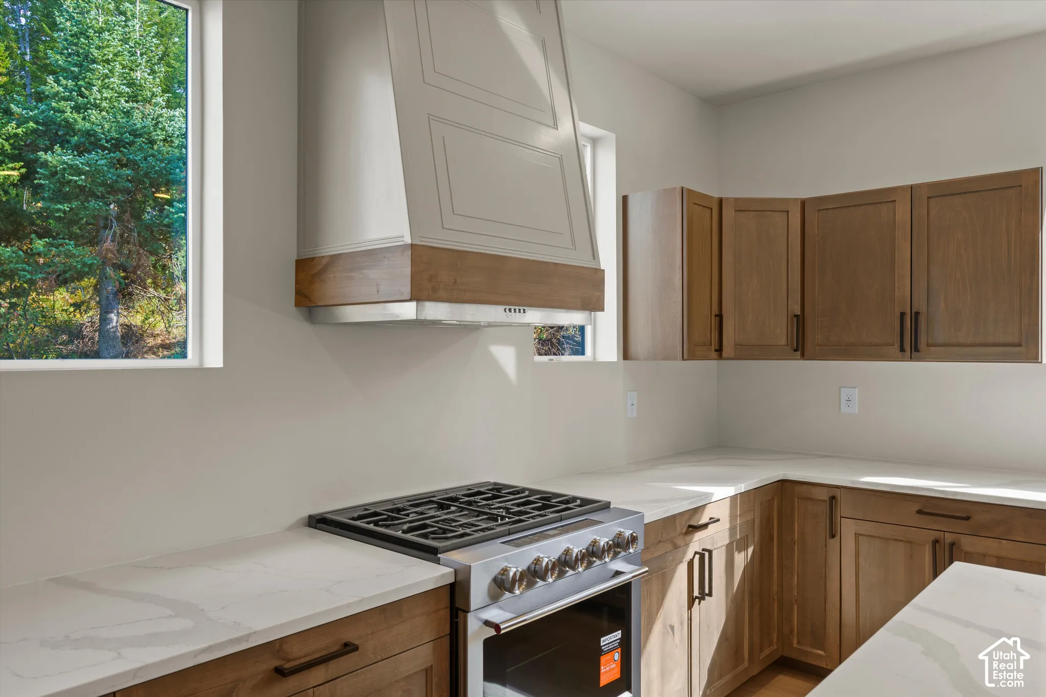 Stainless steel range, custom range hood, wood-finish cabinetry, light-toned countertops, and dual windows