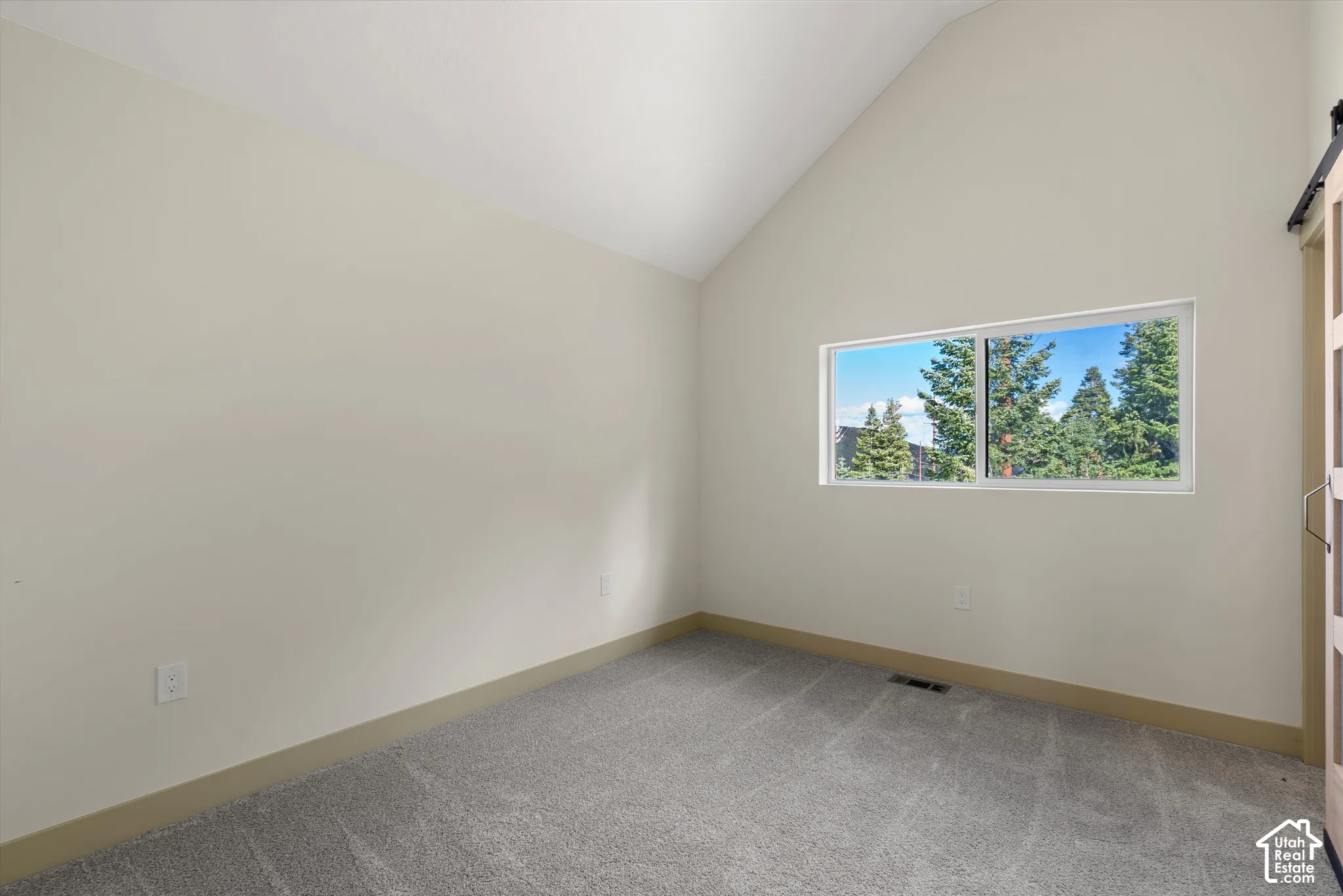 Vaulted ceiling, neutral paint, gray carpeting, horizontal window, barn door