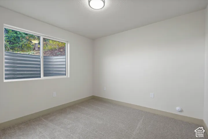 Wall-to-wall carpeting, neutral wall finishes, and a single window with a corrugated metal window well