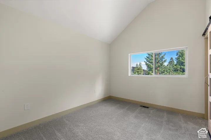 Vaulted ceiling, neutral paint, gray carpeting, horizontal window, barn door