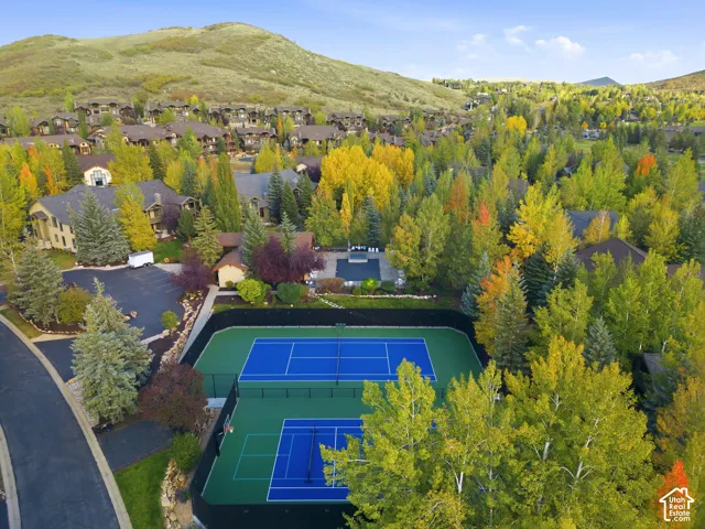 Dual tennis courts with blue playing surfaces and green surrounds, surrounded by mature trees