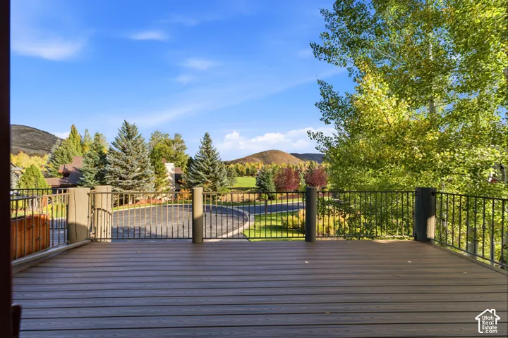 Expansive outdoor deck with composite decking and dark metal railings