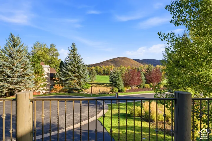 Wrought iron railing with turned spindles, overlooking a paved drive, manicured lawn, and mature trees