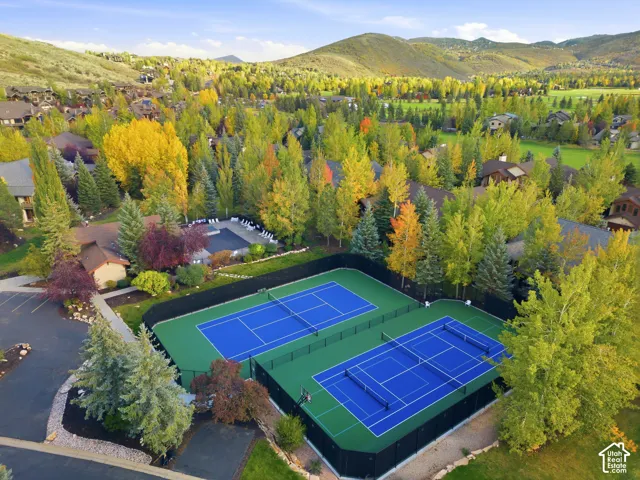 Two hard-surface tennis courts with blue playing areas, surrounded by green fencing