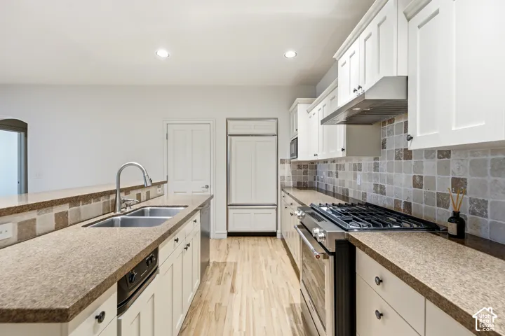 Kitchen featuring solid surface countertops, light wood-finish flooring, white cabinetry with dark hardware, stainless steel appliances, and a tiled backsplash