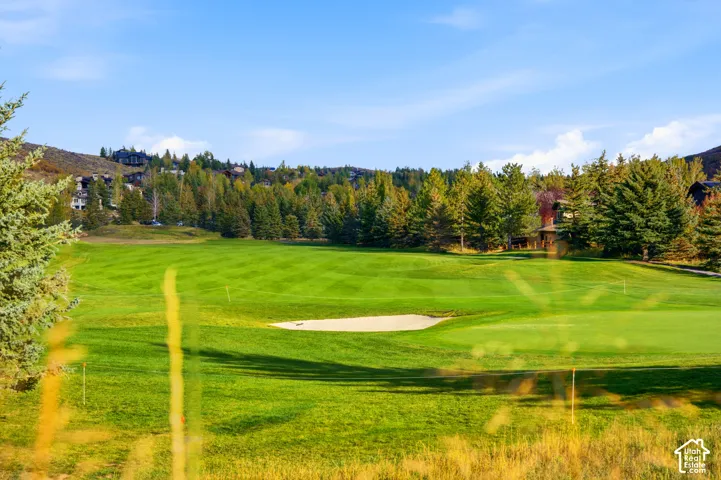 Manicured golf course featuring a sand trap, distant residential structures, and mature evergreen trees