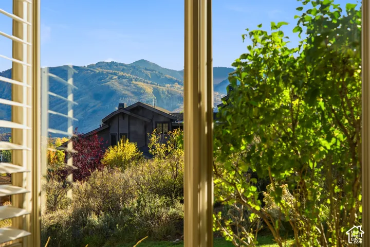 Window shutters framing an exterior landscape with lush greenery and distant mountains