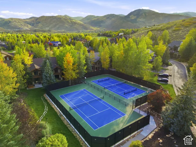 Two hard-surface tennis courts with blue playing surfaces and green surrounds, enclosed by black fencing