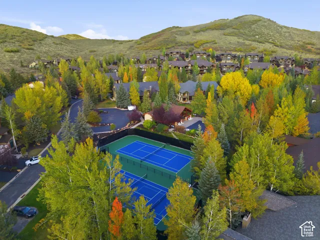 Tennis court with surrounding residential structures and mature trees