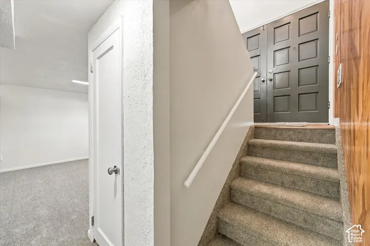 Carpeted stairs with a white handrail, leading to paneled double doors