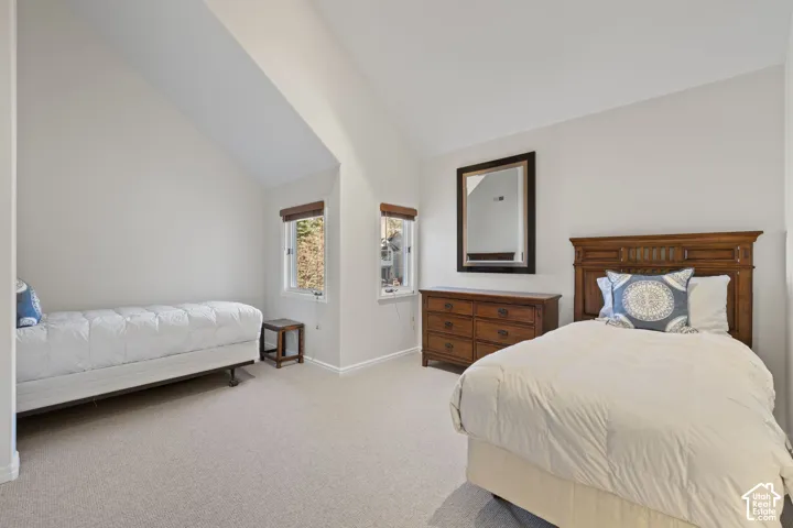 Carpeted room featuring an angled ceiling, multiple windows, and light-colored walls