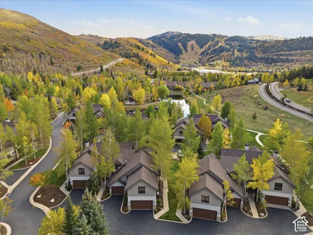 Mountain setting with multi-story residences, dark asphalt driveways, and surrounding mature trees