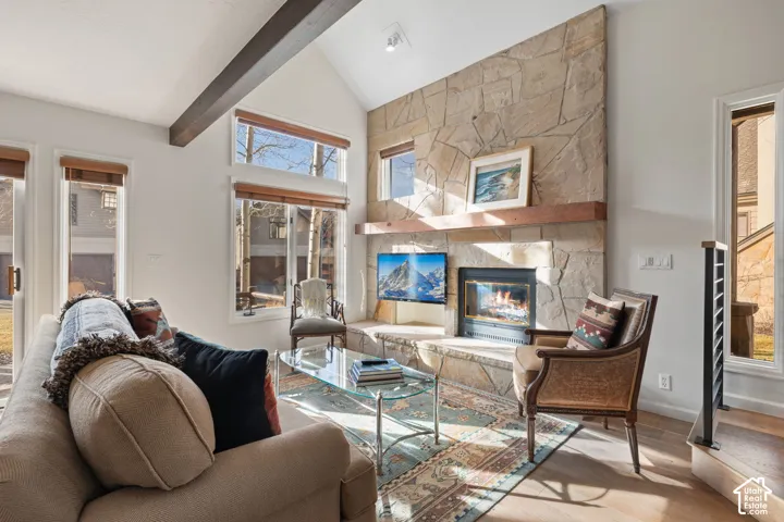 Vaulted ceiling with exposed wood beam