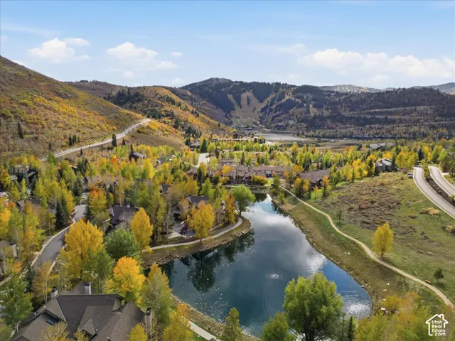 Mountainous terrain with lush, multicolored foliage, a serene pond with a water feature, and paved winding roads
