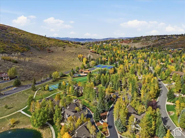 Expansive mountain landscape featuring varied topography, mature deciduous and evergreen trees, a community pond, and paved roadways
