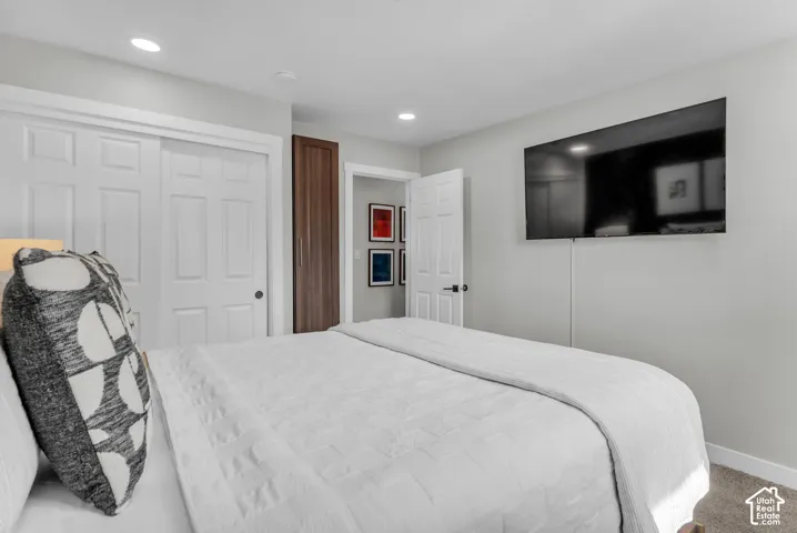 Master bedroom featuring a queen bed with white linens, recessed ceiling lighting, wall-mounted flat-screen television, carpeted flooring, and dual closets with six-panel doors
