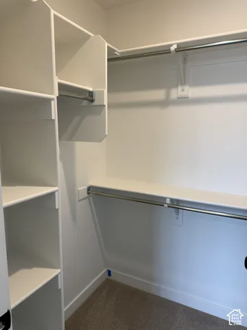 Built-in closet shelving system with multiple storage racks and hanging rods, complemented by light-colored carpeting