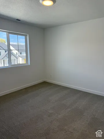Expansive window offering abundant natural light, neutral wall colors, flush-mount ceiling light fixture, and durable carpeting