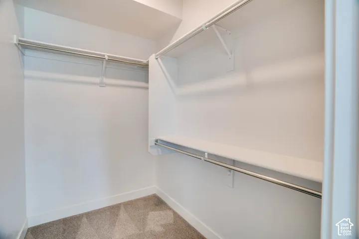 Carpeted closet with white walls, built-in shelving, and metal hanging rods