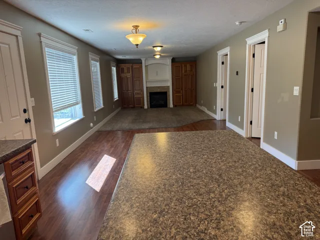 Open-concept living area with wood-finish flooring, a built-in fireplace, recessed lighting, and integrated cabinetry