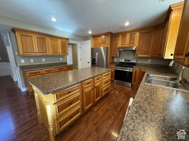 Kitchen featuring wood-finish flooring, a central island with storage, wood cabinetry, stainless steel appliances, and recessed lighting