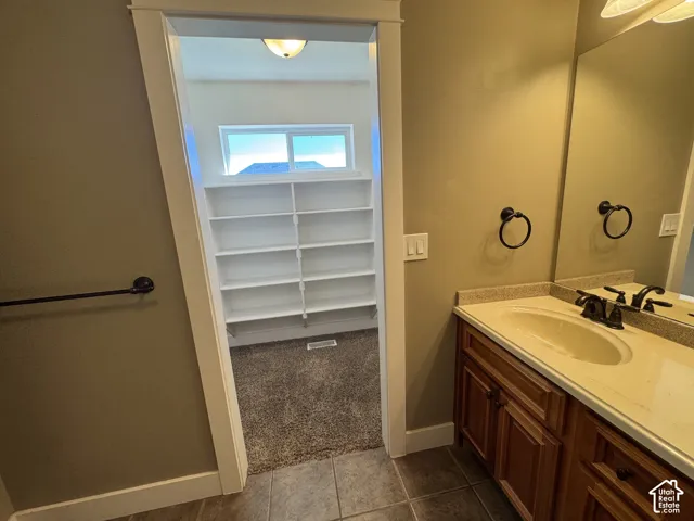 Vanity with built-in sink, dark wood-finish cabinetry, and stone-finish countertop