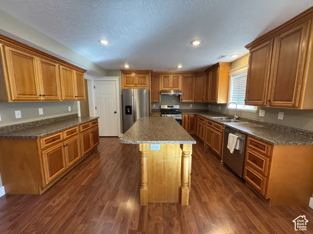 Spacious kitchen featuring extensive cabinetry, an island with turned legs, stainless steel appliances, wood-finish flooring, and recessed lighting