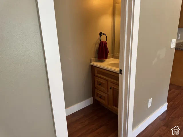 Wood-finish flooring with a wood vanity, an undermount sink, and a stone-finish countertop