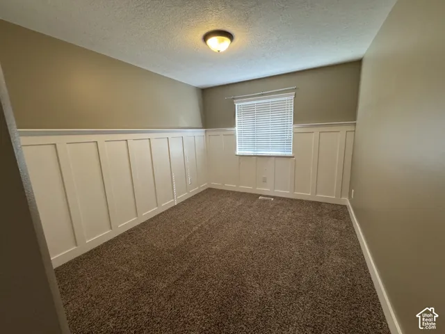 Board and batten wainscoting, neutral wall color, brown carpet flooring, and ceiling-mounted light fixture