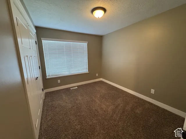 Neutral wall paint, brown carpet flooring, and a window with blinds