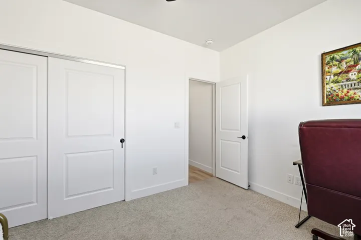 Light-toned carpeting, white walls, white two-panel doors, and recessed lighting