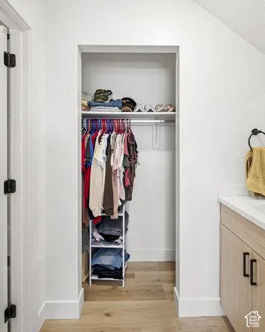 Built-in closet with upper shelving and a hanging rod, wood-finish flooring, and a vanity featuring a white countertop and wood-finish cabinetry with black hardware