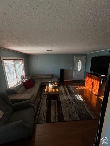 Living area featuring wood-finish flooring, textured ceiling, and a paneled entry door with an oval glass insert