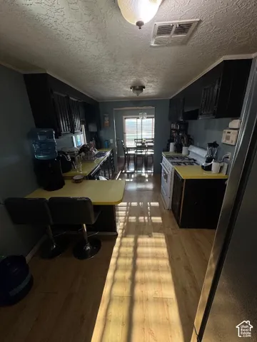 Kitchen featuring dark cabinetry, expansive solid-surface countertops, wood-finish flooring, and recessed ceiling lighting