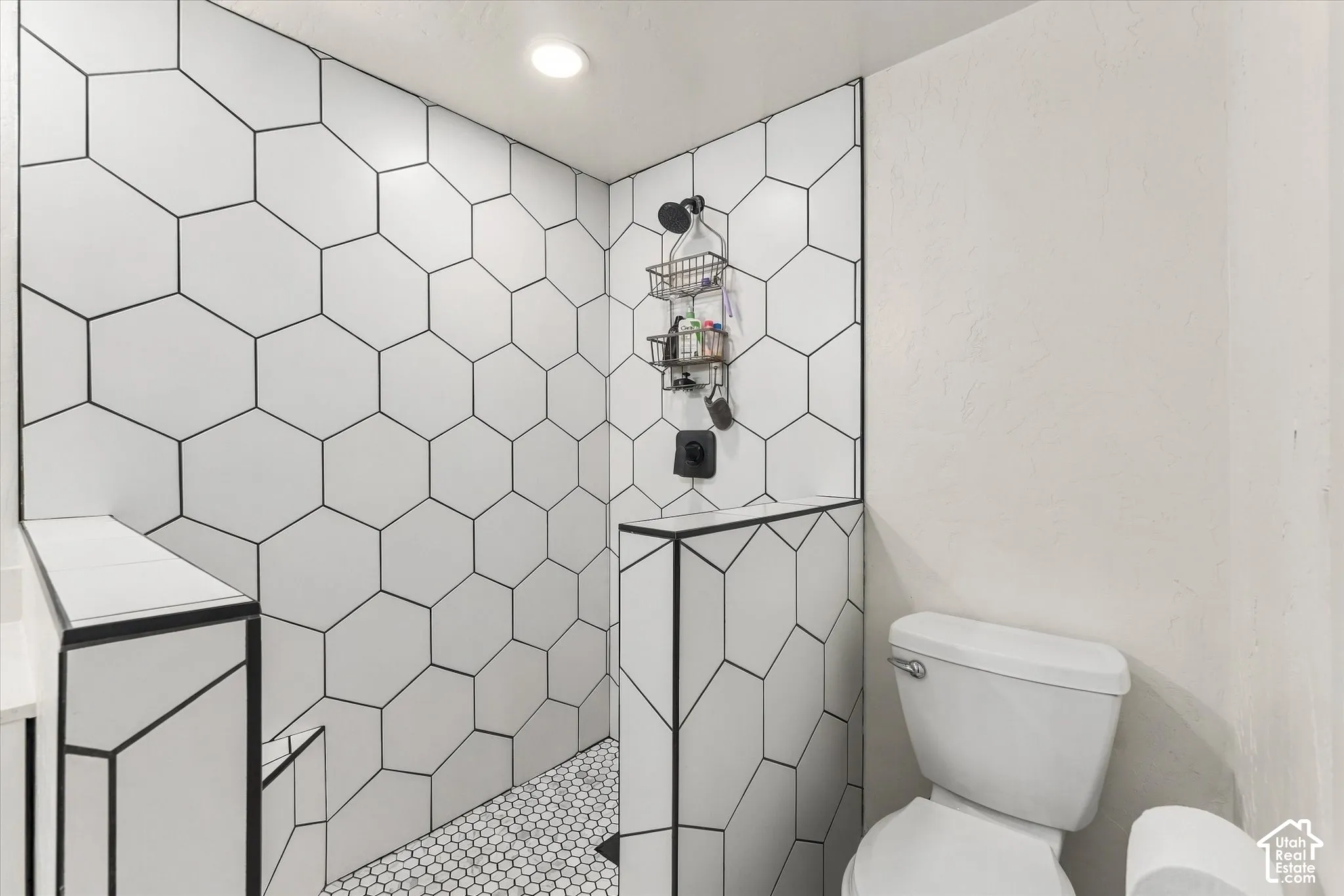 Shower stall featuring hexagonal wall tiling and a complementary hex-tiled floor