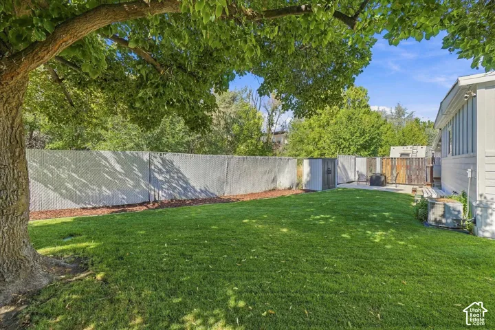 Expansive rear yard with a manicured lawn, established shade tree, and mixed fencing