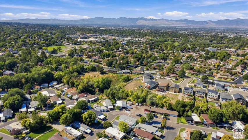 Residential area with established trees and mountain backdrop