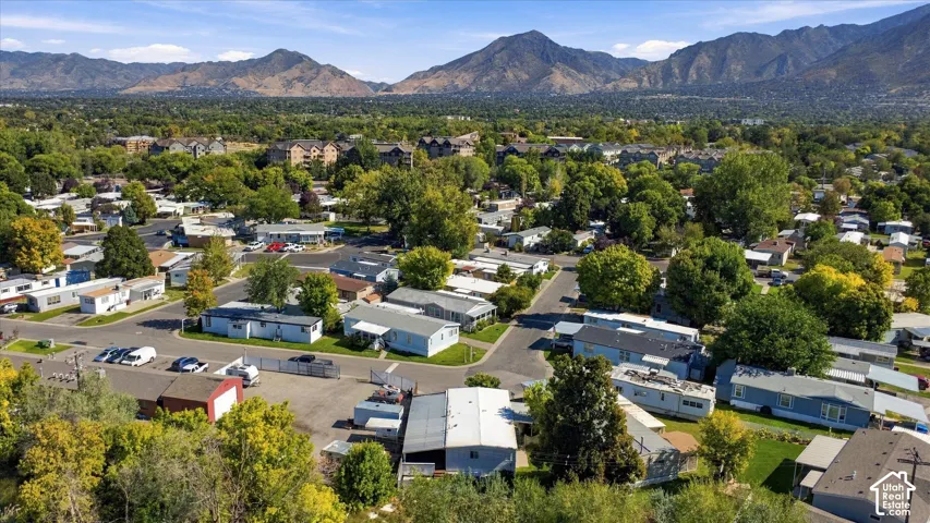 Expansive community with mature trees and paved roads, set against a mountainous backdrop
