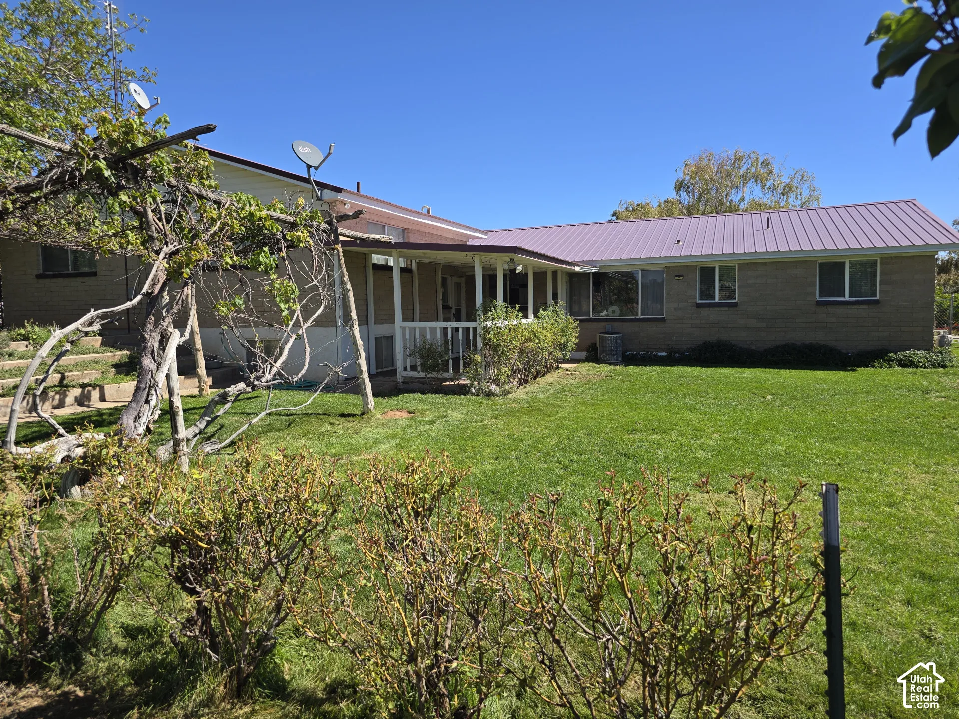Expansive lawn with mature landscaping, a covered patio, and a metal roof