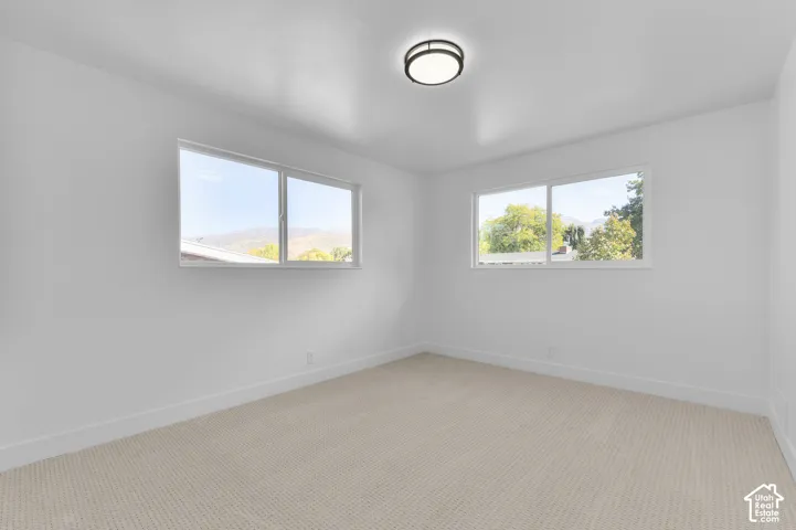 Recessed lighting, light-colored carpeting, and two windows