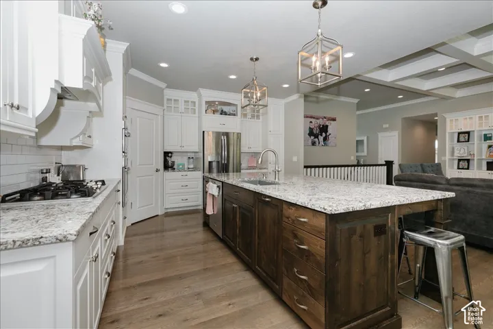 Gourmet kitchen with wood-finish flooring, white cabinetry, a large center island with a stone countertop, and stainless steel appliances