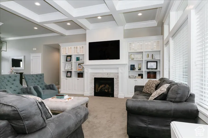 Coffered ceiling with recessed lighting
