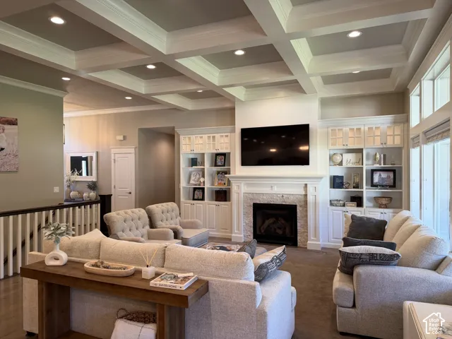 Coffered ceiling with recessed lighting