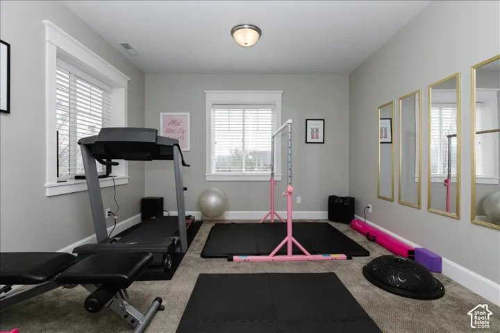 Carpeted room featuring multiple windows with blinds, a flush mount ceiling light fixture, and light gray painted walls