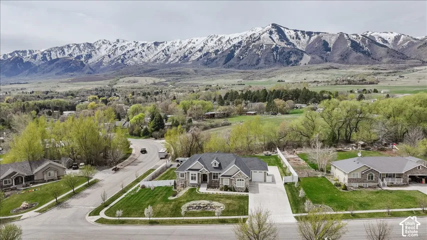 Snow-capped mountain backdrop, expansive green landscape, and a residential neighborhood with mature trees