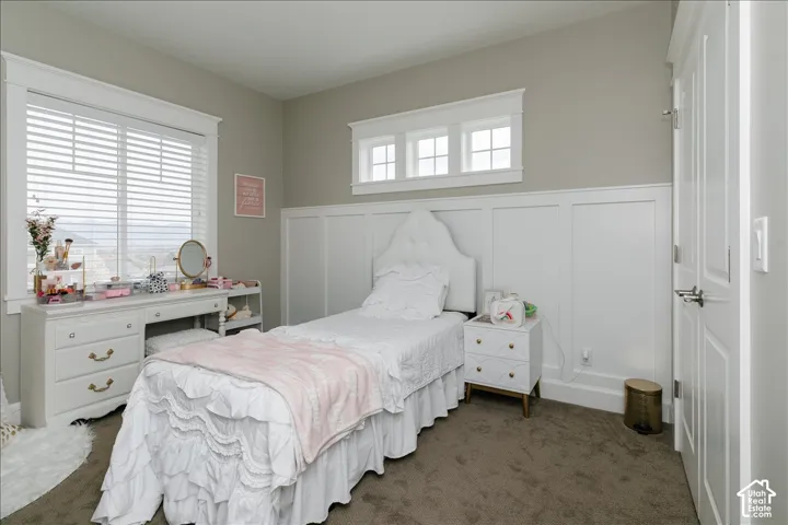 Wall paneling detail, light gray wall paint, window with blinds, carpet flooring, white interior door