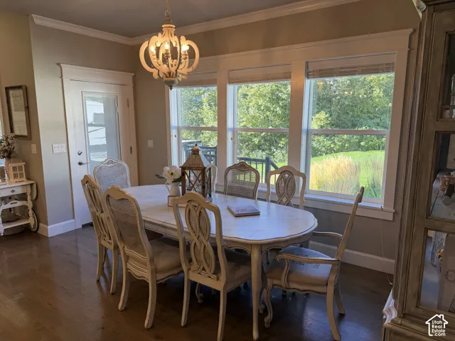 Hardwood flooring, crown molding, white trim, recessed lighting, and a glass-paneled door